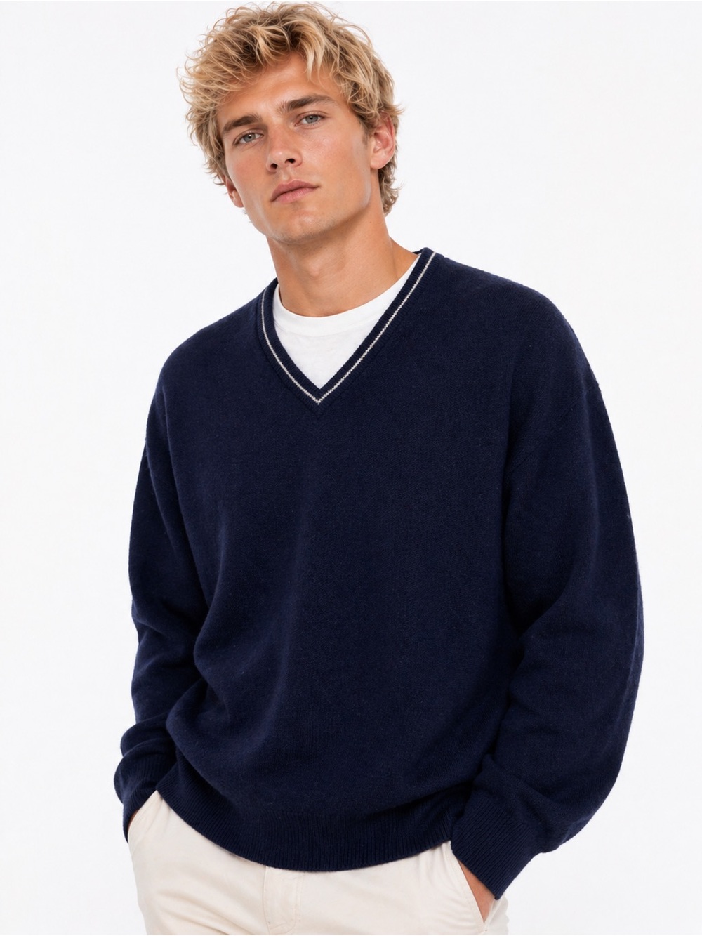 J Crew 100% Merino Wool Size Large Men's Navy V-Neck Sweater
